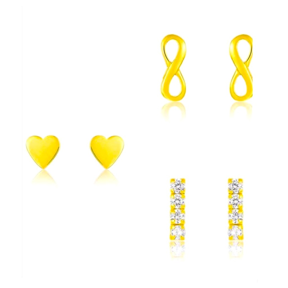 14K Gold Sterling Silver Heart Infinity Bar Stud Earrings- Set of 3